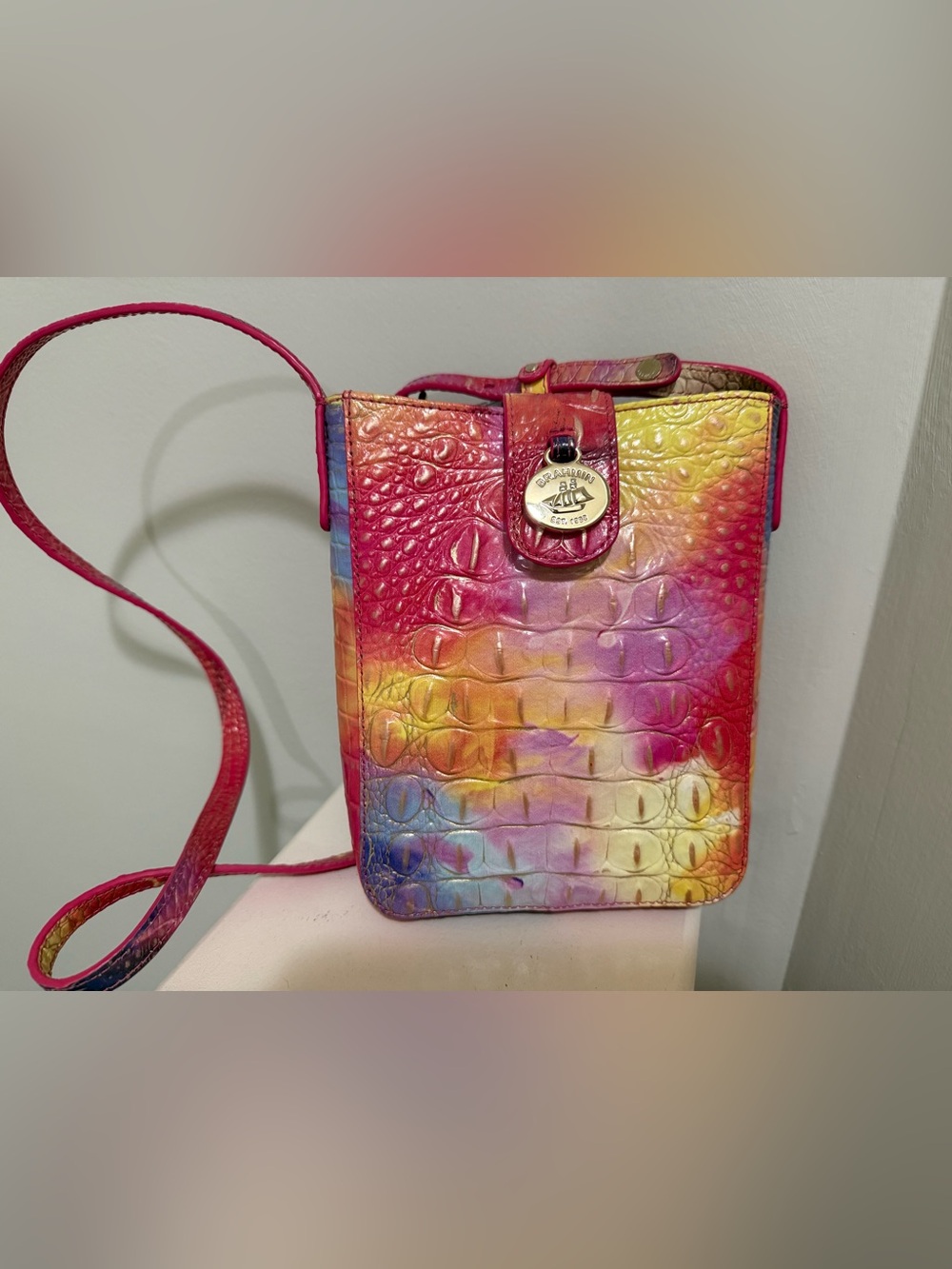 Brahmin Marley Multicolor Pink Yellow Blue Croc-Embossed Crossbody